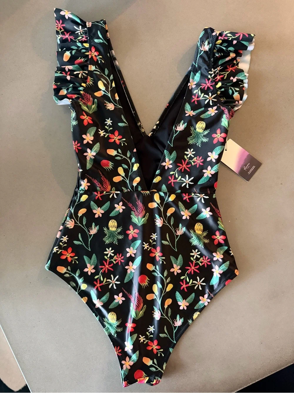 Black Tropical One-Piece Swimsuit Size Small - Picture 2 of 2